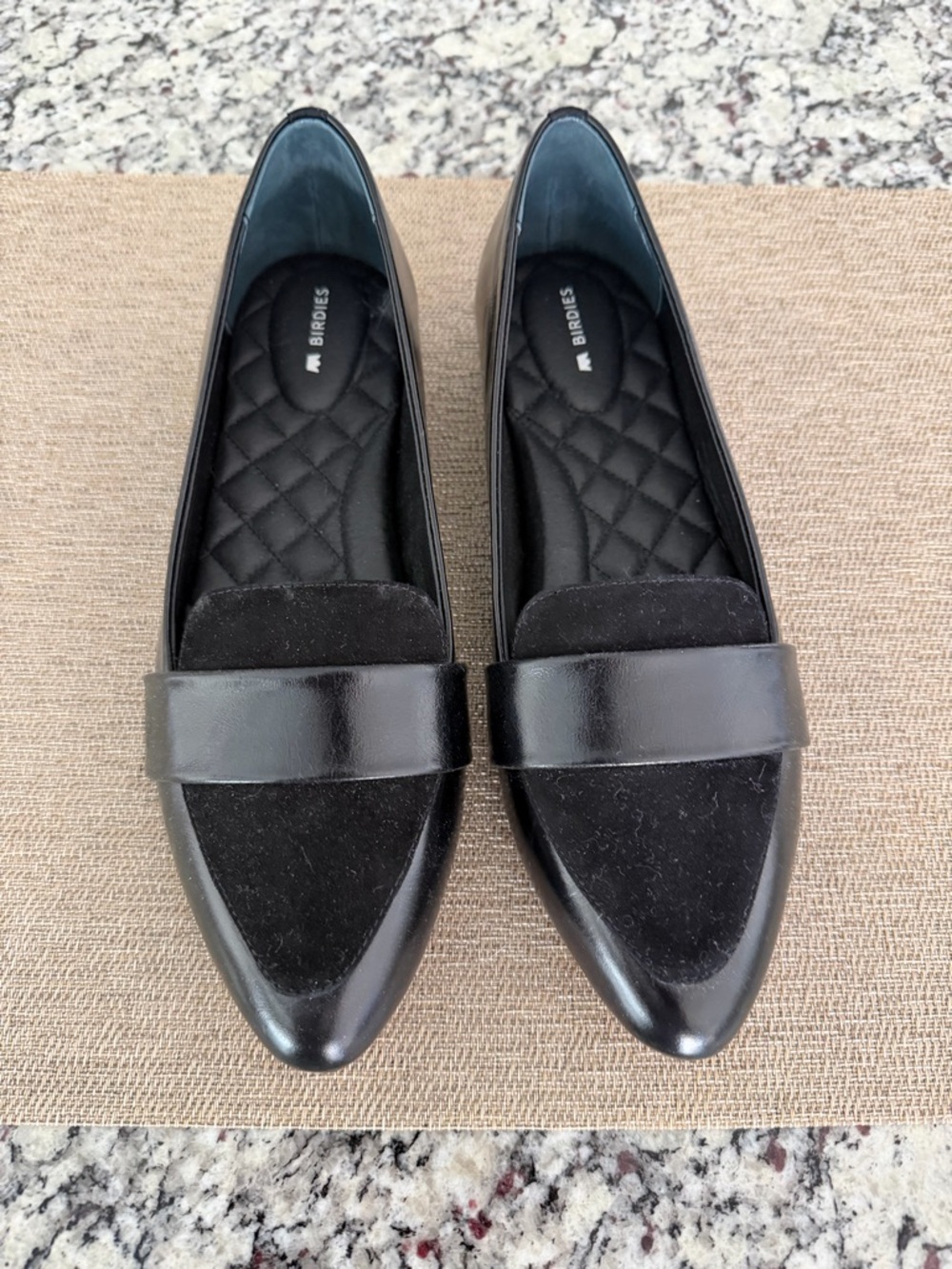 Birdies Black Pointed-Toe Loafers with Suede Accents